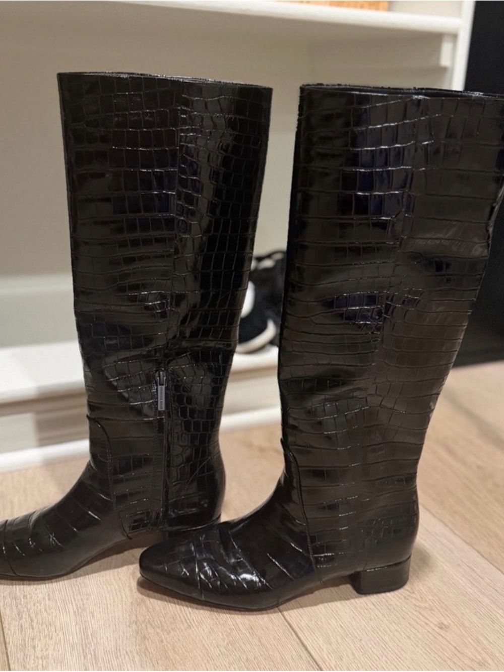 Veronica Beard Black faux Croc-Embossed Knee-High Leather Boots - excellent